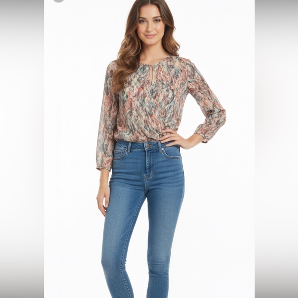 Willi Smith Pink, Blues Waterfall Print Blouse/Top/Shirt Size Medium